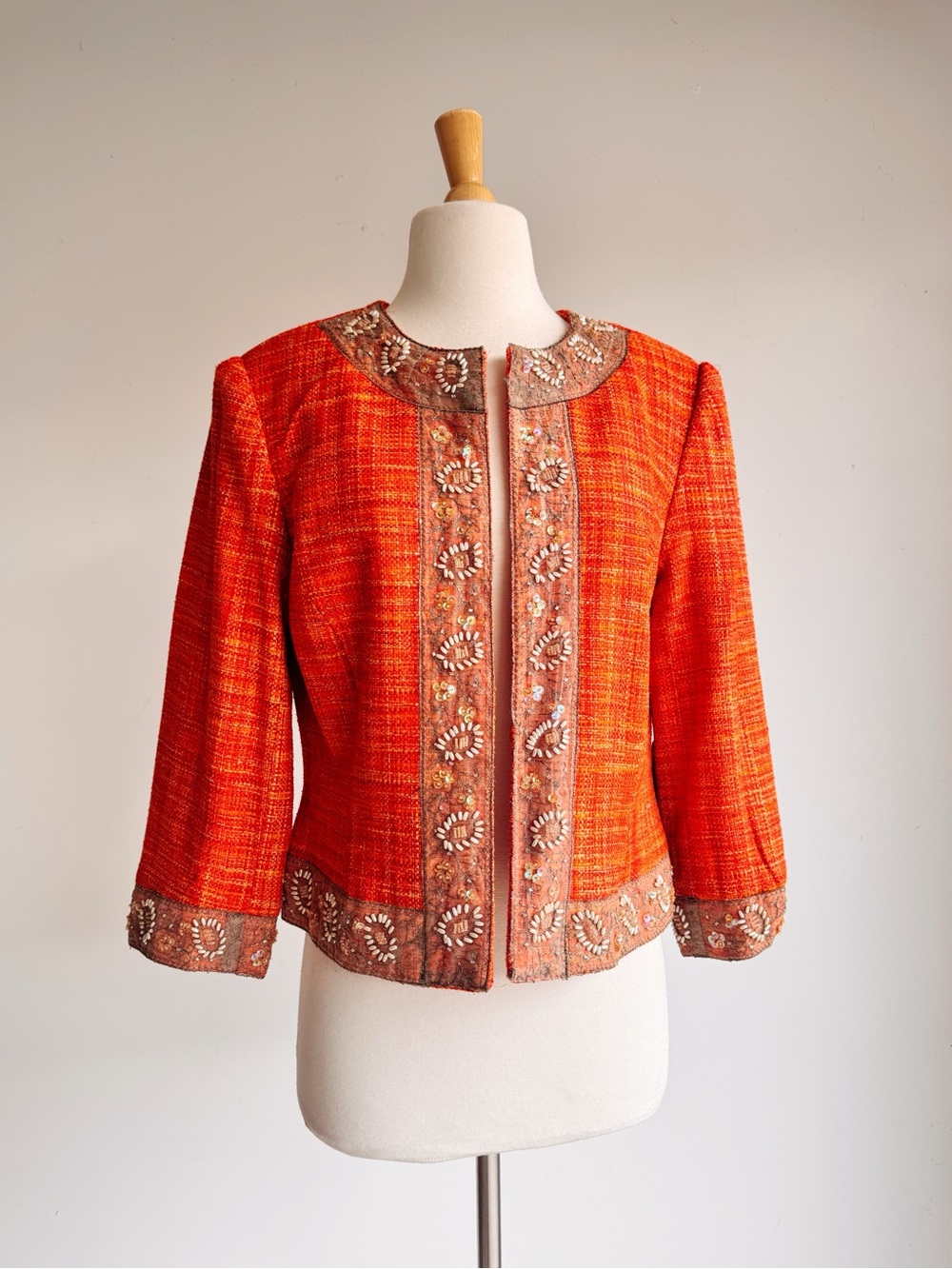 NWT Josephine Chaus 100% Silk Orange Embellished Woven Blazer Jacket 8